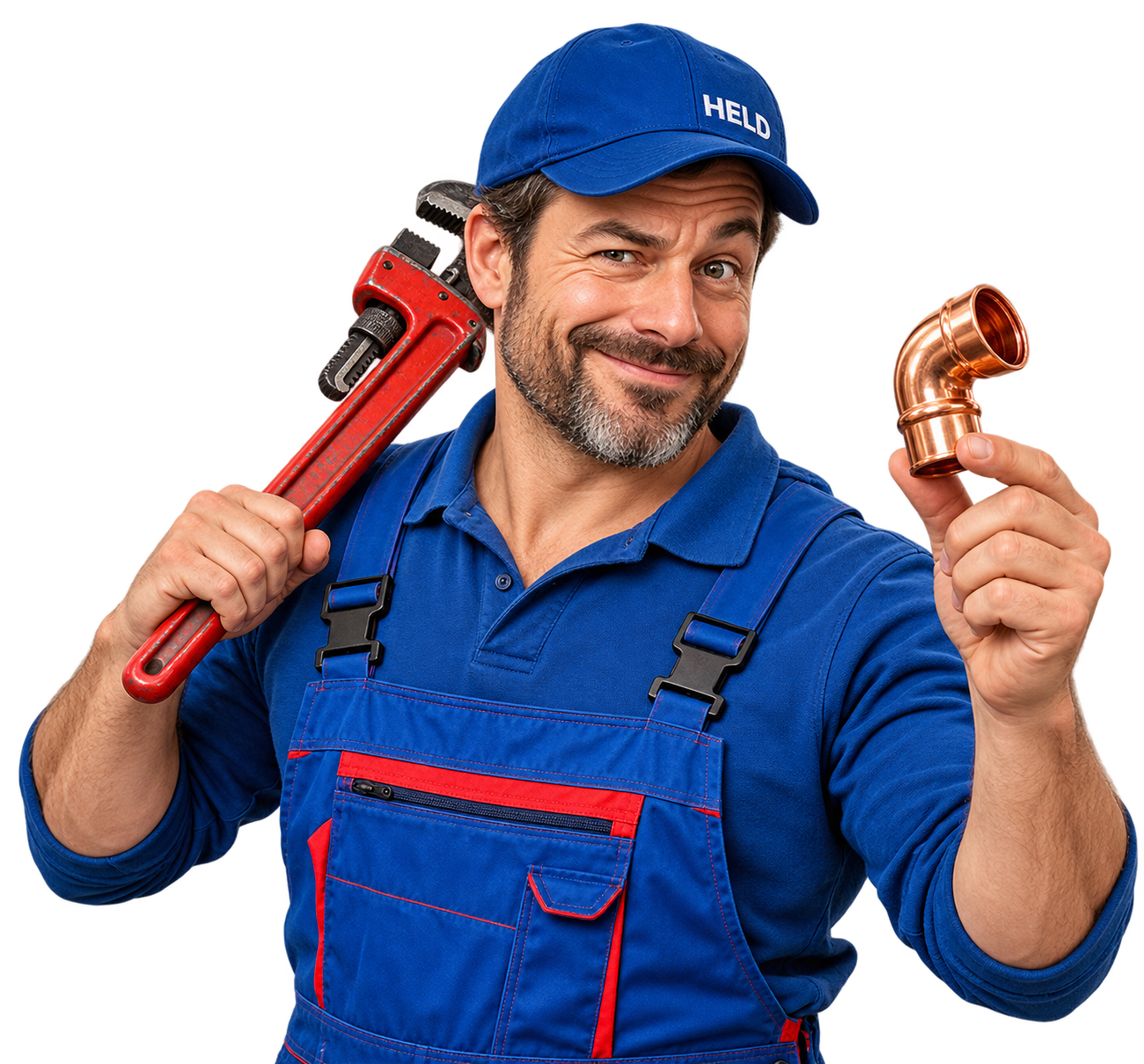 Lustiger SHK-Handwerker mit Rohrzange und Kupferfitting